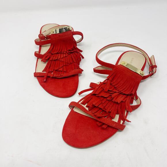 Marc Fisher 6 Red Suede Leather Charm Tiered Fringe Strappy Sandals Flat Ankle - Picture 7 of 10